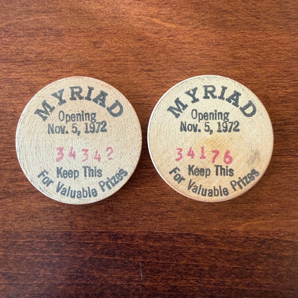 Pair VTG 1972 Myriad Convention Center OKC Opening Wooden Nickel Tokens Lot
